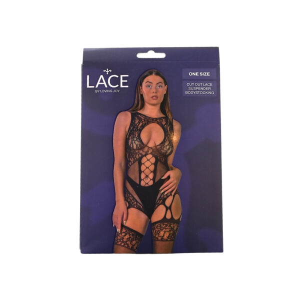 Lace by LJ Cut Out Lace Suspender Bodystocking Black