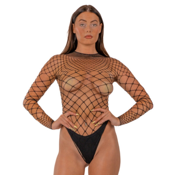 n12934-lace-by-lj-fence-net-long-sleeved-thong-bodysuit-black-1 Lace by LJ Fence Net Long Sleeved Thong Bodysuit Black